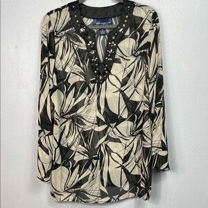 Susan Graver Style Jewel & Stud Printed Sheer Georgette Tunic Top Medium